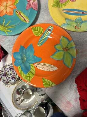Sunset Grove by Noble Excellence Earthenware Floral Surfboard Dinner Plates Lot